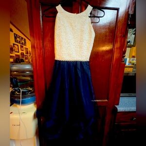 Big girls size 16 1/2 petite ivory/navy dress with tulle bottom